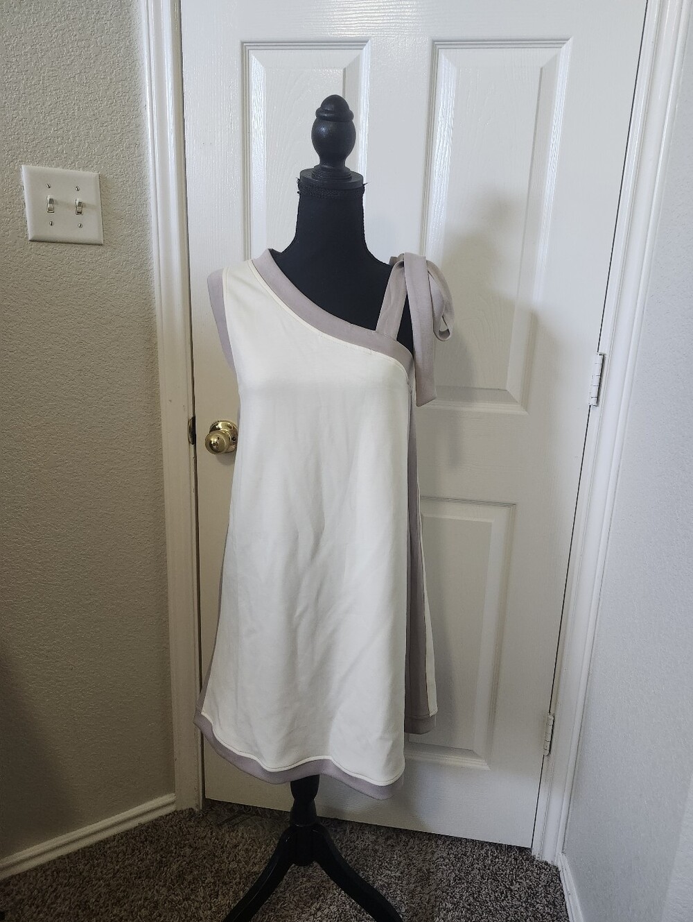 P Cill One-Shoulder White Dress with Taupe Trim and Tie Shoulder